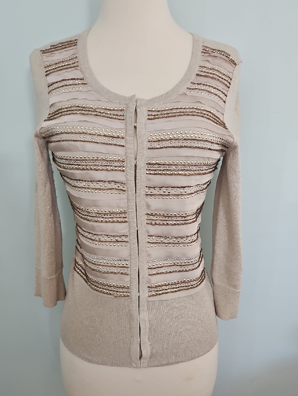 White House Black Market Beaded Stripe Cardigan - Cream